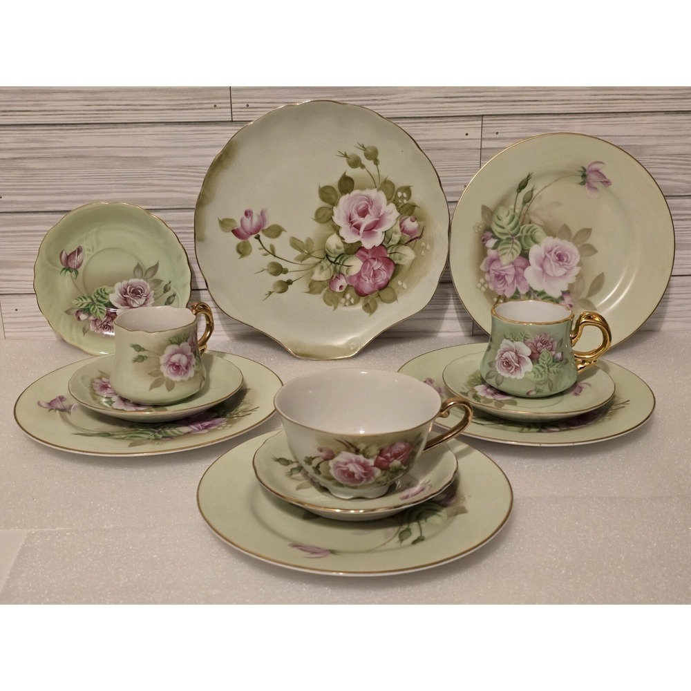 Lefton Hand Painted China Lot Of 12 Pieces 1984 1987 Green Flower Japan